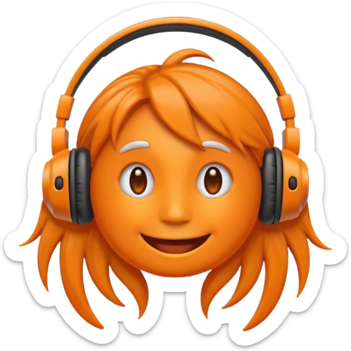 Orange happy face emoji with a couple of hair,headphones,and antennas. sticker