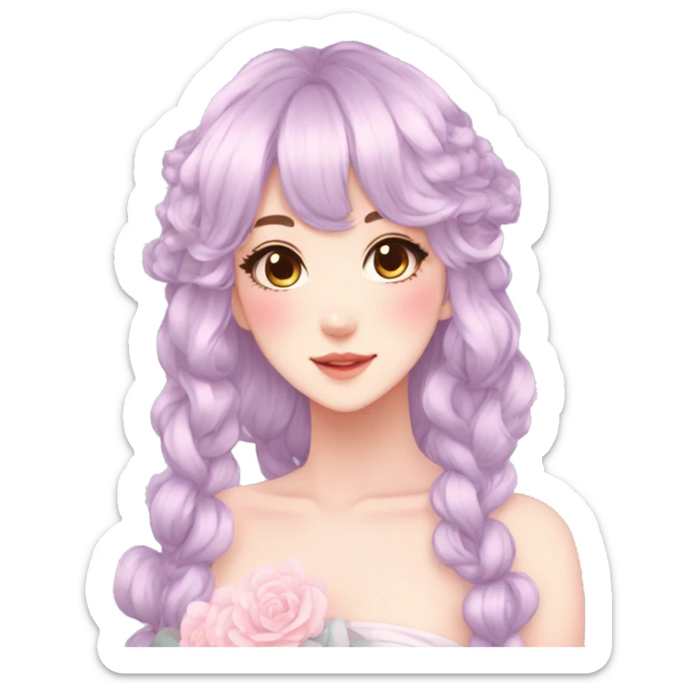 Gorgeous pastel anime style lady with blushing face and hair garnitures and pretty hair aesthetic trending style sticker