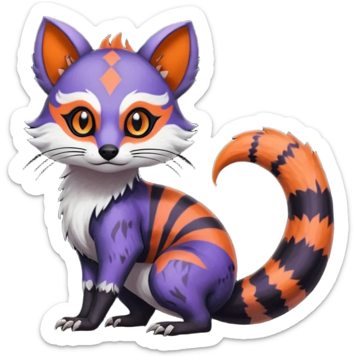 Rare warm-colored exotic gloomy tropical edgy cute epic aesthetic spooky indigo violet white black red gothic colorful Salandit-Furret-Civet-species-Fakemon-hybrid-creature, with tribal tattoo markings, full body sticker