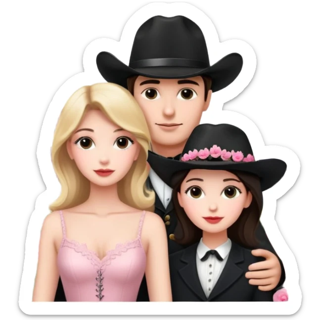 man with black cowboy hat and beautiful elegant woman with Eiffel Tower in the background with pink delicate flowers sticker