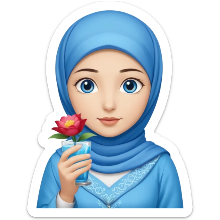 Turkish beautiful finish Konya girl blue eyes with blue hijab islamic dress and had on her hand flower mocktail sticker