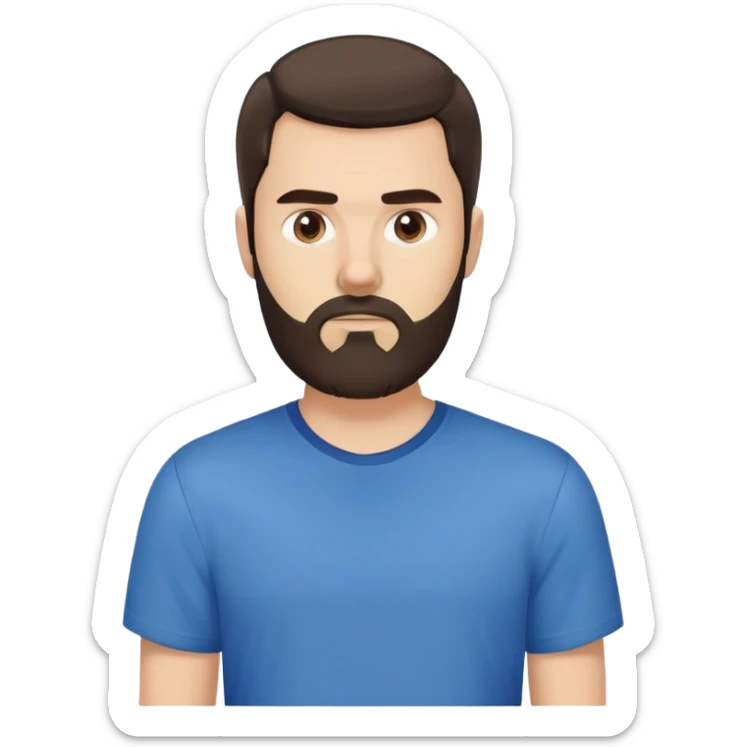 Caucasian man with long straight dark brown hair styled loose with fringe, medium-length hair, short full beard, neutral serious expression, simple blue shirt sticker
