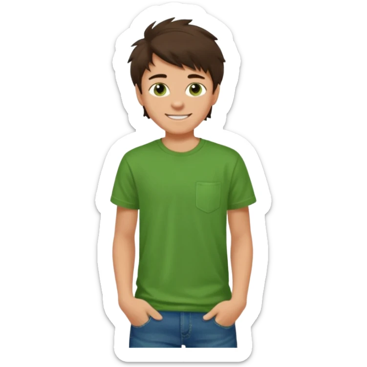 A 14 yerar old teenage boy, slightly tanned, wearing a green t-shirt , blue jeans and green sneakers with dark brown tousled hair, smirking sticker