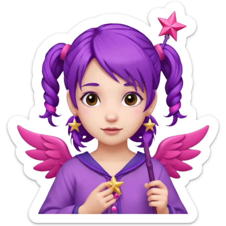 Create an emoji of a fairy-like woman with purple hair tied into two pigtails, red stars in her hair, wearing a pink outfit and pink wings. She is holding a pink star-shaped wand and wearing purple circular earrings. sticker