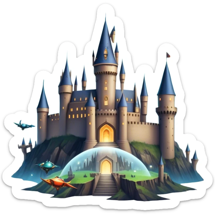 Icon for Fantasy and Sci-Fi Movies: A magical collage with flying dragons. futuristic spaceships and UFOs. Stars and planets shimmer in the background with a mystical castle Hogvards an ancient wizard and robots. The atmosphere is epic, otherworldly and adventurous. Transparent background. sticker