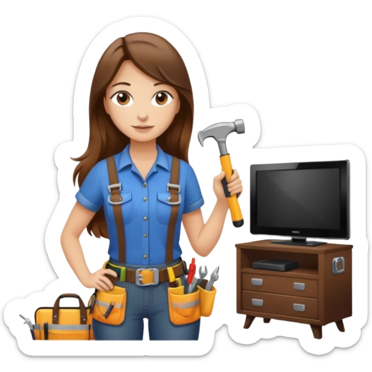 beautiful girl with long brown hair constructing new lounge room area with tv and couch sticker