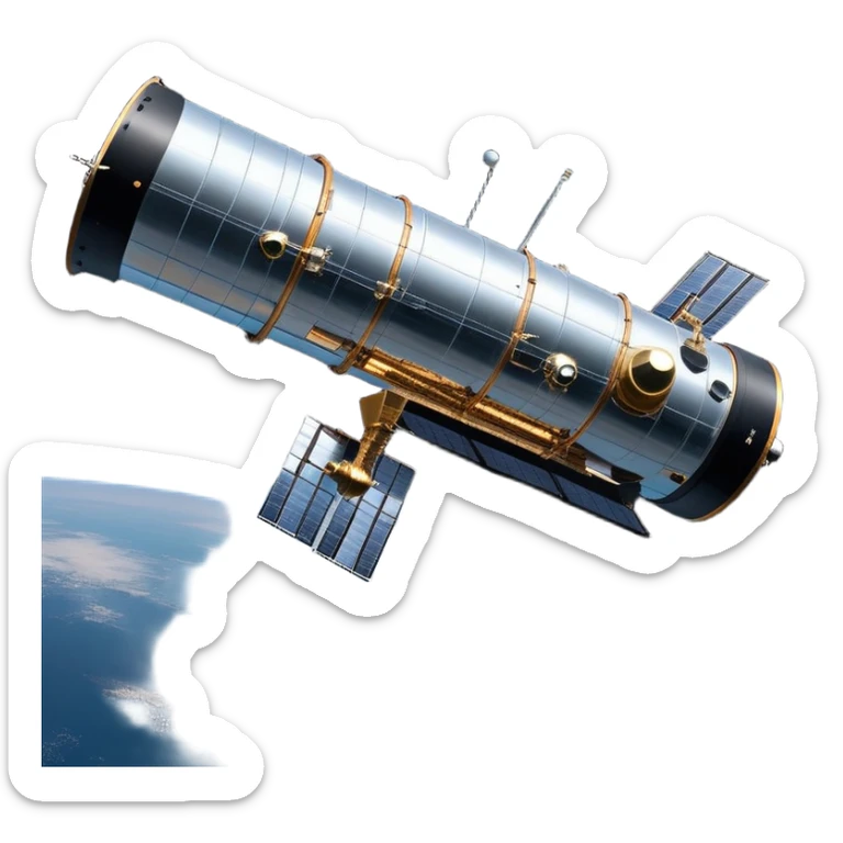 cinematic-realistic-hubble-space-telescope-emoji, an awe-inspiring, ultra-detailed depiction of the Hubble Space Telescope floating in space, its large, reflective metallic surface gleaming against the backdrop of the infinite blackness. The telescope's vast solar panels extend outwards, catching the light from distant stars, while its intricate, cylindrical body showcases advanced, precise engineering. The telescope's large, hexagonal lens is pointed towards the cosmos, surrounded by mechanical components, wires, and sensors. The detailed textures of the telescope’s metallic exterior, the shiny reflective coating, and the intricate grid-like solar panels are sharply contrasted against the void of space, with distant stars and nebulae faintly visible in the background, adding to the sense of scale and technological marvel; rendered with extreme realism and attention to detail. sticker