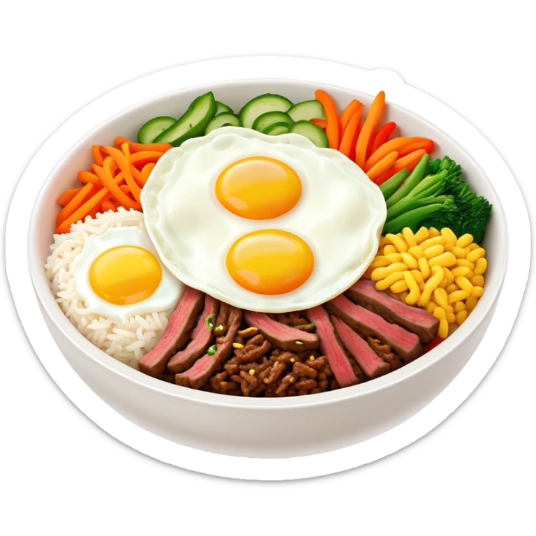 Cinematic Realistic Bibimbap Dish Emoji, showcasing a colorful bowl of mixed rice, assorted vegetables, beef, and a fried egg rendered with lifelike detail and vibrant, harmonious lighting. sticker