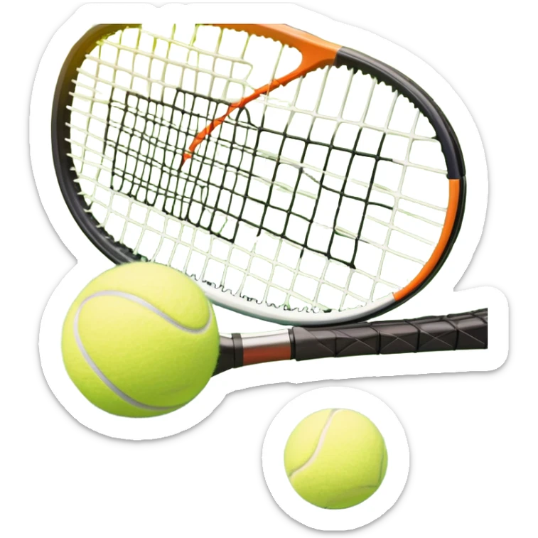 A tennis racket and a ball placed on a grassy court, with the net visible in the background. The scene captures the elegance and energy of the sport, with a vibrant green court and soft sunlight highlighting the equipment. sticker