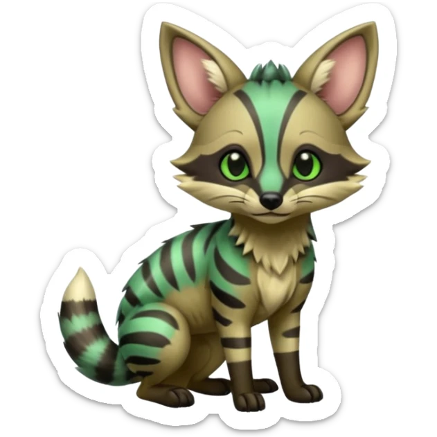 Cute adorable kawaii Shiny Green Colorful Dusky Dark Gloomy Glossy Aardwolf-Genet-Bobcat-fusion-animal-hybrid-creature, full body sticker