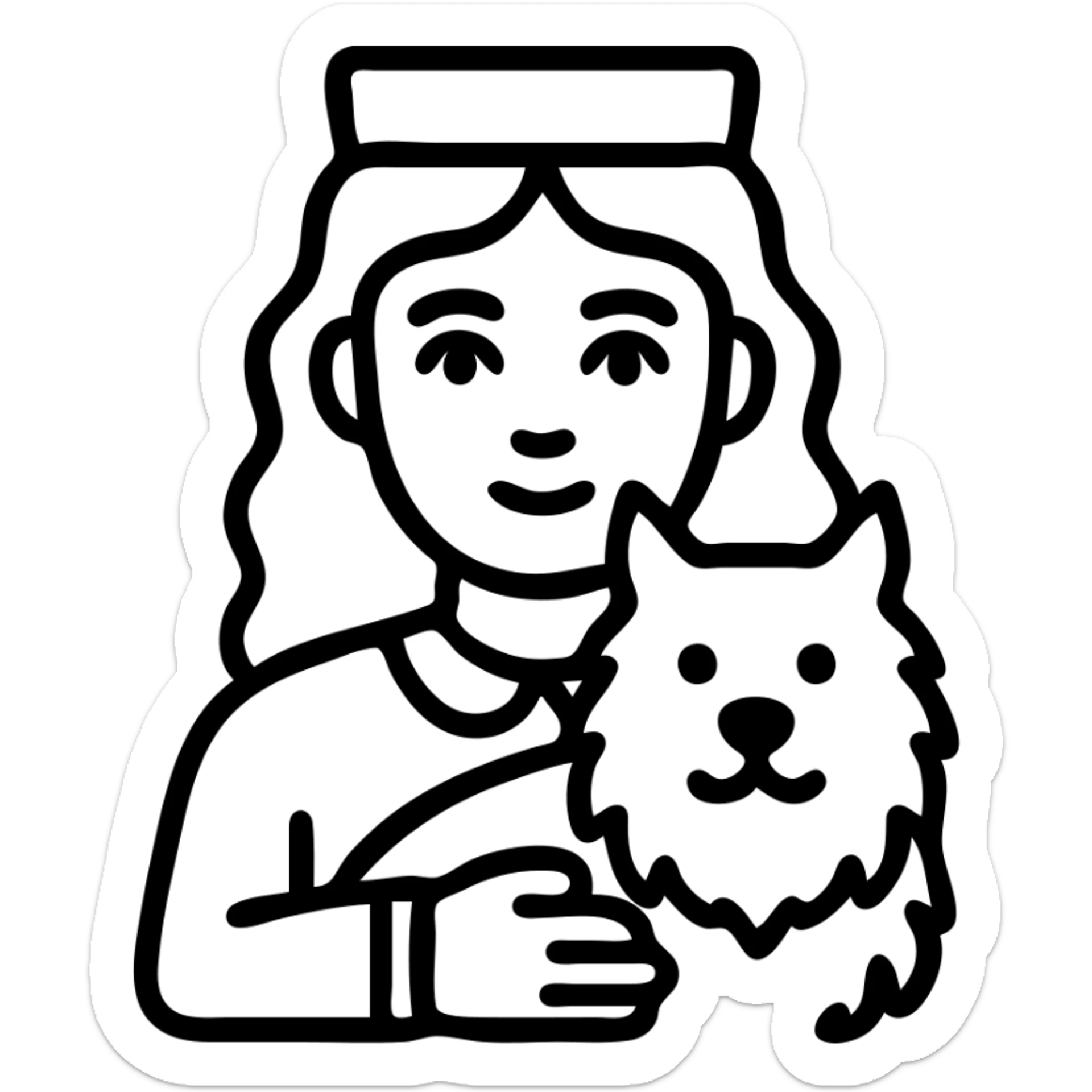 clean outlined icon style of a Baltic girl with light skin, wavy brunette hair, and blue eyes, holding her fluffy black and white dog sticker