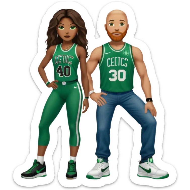 black woman and white man: 48-year-old black woman with brown eyes, long dark brown balayage hair dressed in sexy 
celtics jersey costume outfit and stilettos with bald white man with Ginger beard, and Blue eyes, in a Jason Tatum Boston Celtics Jersey, jeans and matching Nike sneakers  sticker