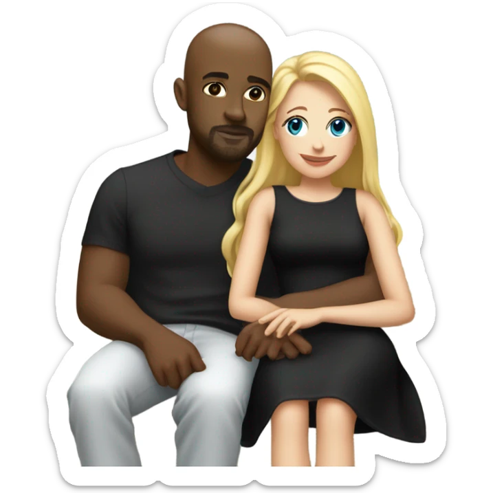 Blonde woman with blue eyes and long straight hair wearing a short black dress and a black man who is bald with a goatee seated together on a sofa enjoying a loving kiss.   sticker
