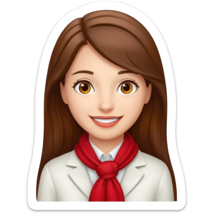 Female flight attendant, with red scarf, white shirt, long brown hair, brown eyes, iOS emoji-type face, fair skin,  sticker