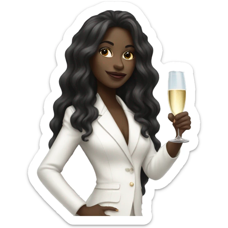 Black girl long hair in a white pantsuit, holding glass of champagne sticker