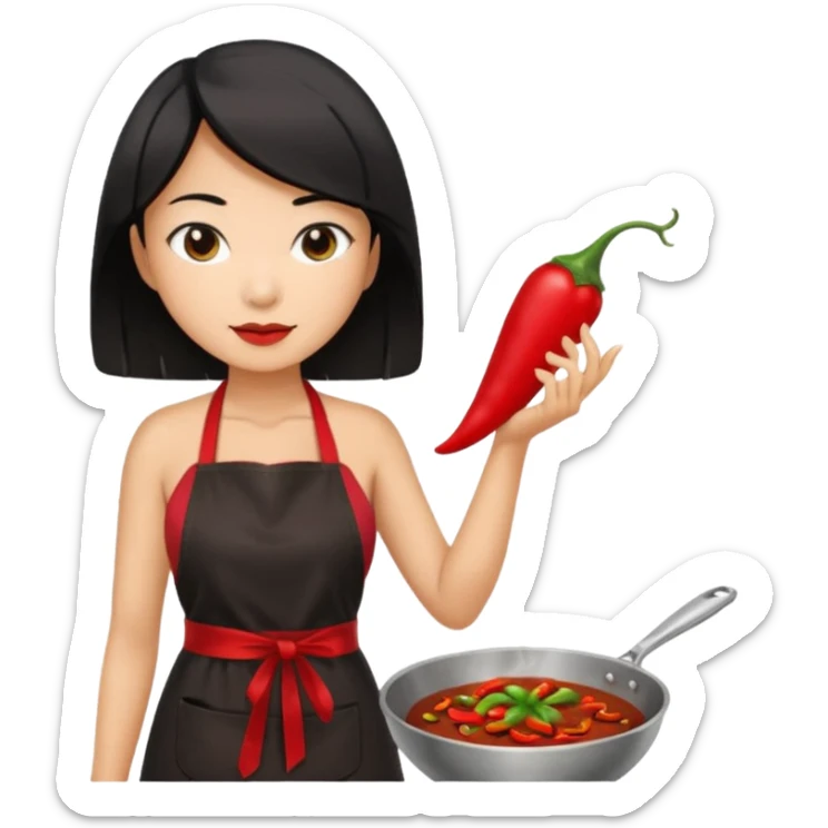 asian black short shoulder length hair tanned woman, black dress cooking, holding chili pepper sticker