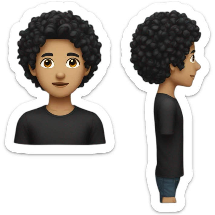 a boy with a black curly hair weaering a mask and wearing a black shirt sticker