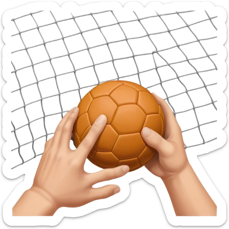 A close-up of a hand gripping a handball, with the handball gates visible in the background. The focus is on the texture of the ball and the strength of the grip, with the goal net slightly blurred to emphasize the anticipation of the throw. sticker