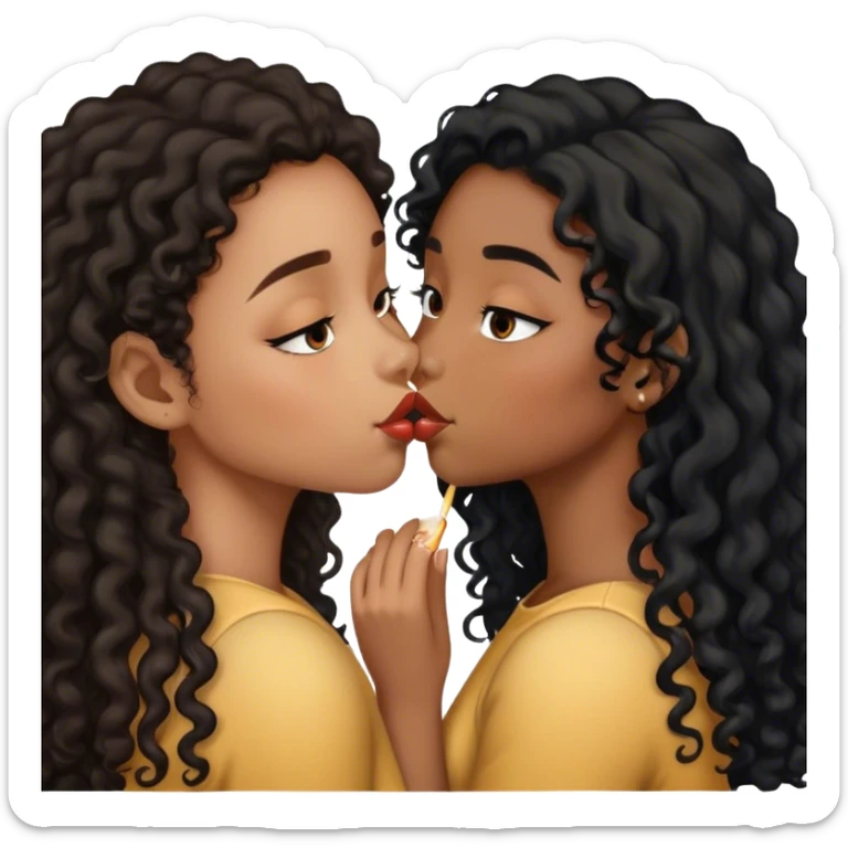two girls kissing one with brown skin and black curly hair and one with light brown skin and black straight long hair  sticker