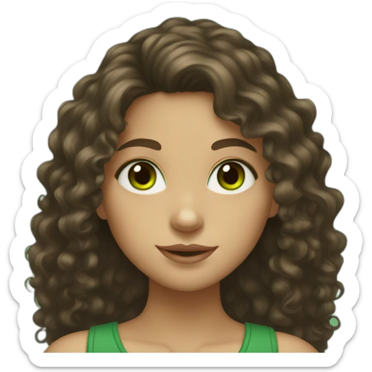 girl with dark brown long curly hair, light skin and green eyes sticker