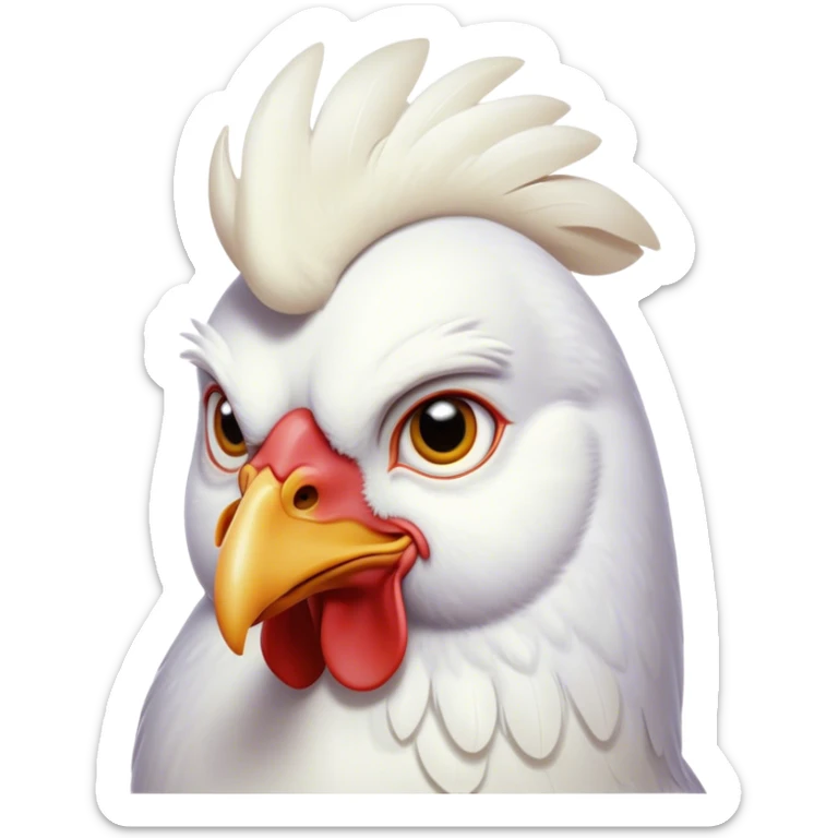 Cinematic Noble White Chicken Portrait Emoji, Poised and regal, with a compact, sturdy build and a pristine, well-groomed pure white plumage, deep-set soulful beady eyes, Simplified yet sharp and sophisticated features, highly detailed, glowing with a soft, dignified glow, high shine, intelligent and alert, stylized with an air of barnyard elegance, focused and attentive, soft glowing outline, capturing the essence of a watchful and confident fowl, so majestic it feels as though it could strut out of the screen with effortless authority! sticker