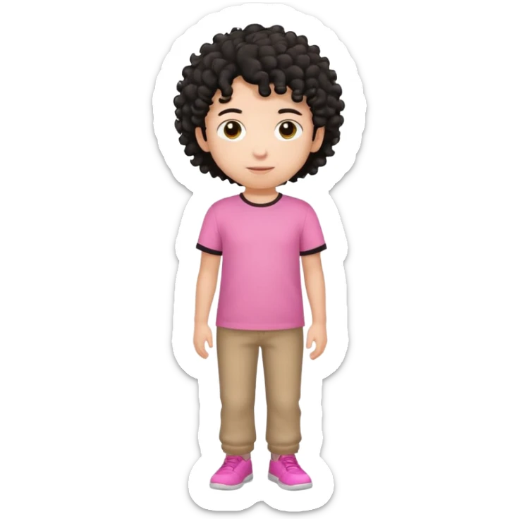 Kid boy wearing pink T-shirt, black curly hair, full body sticker