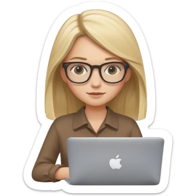Girl in glasses, blonde long hair, brown blouse, typing on gray MacBook sticker
