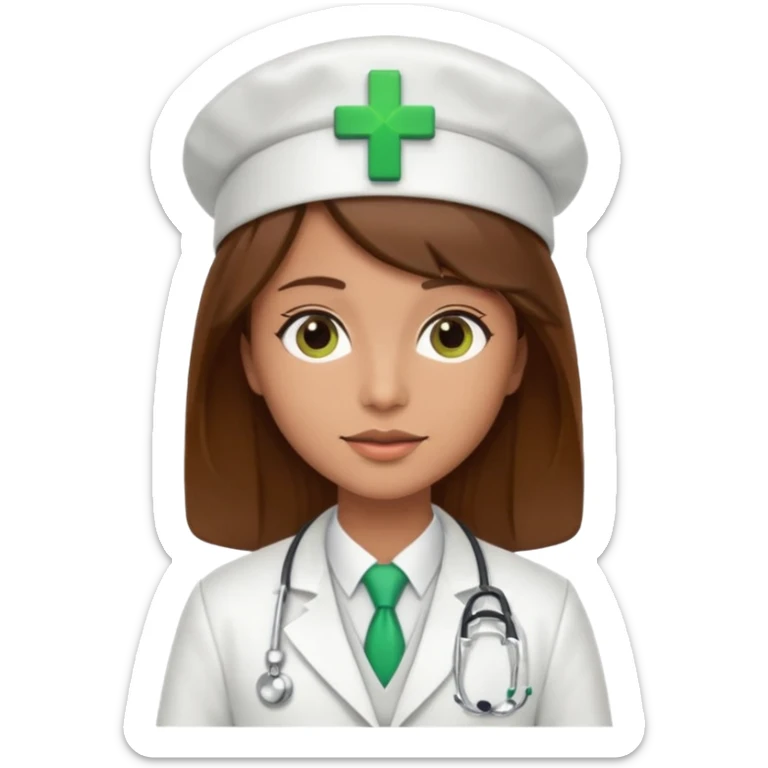 a doctor in white suit with a doctor hat with green cross brown hair sticker