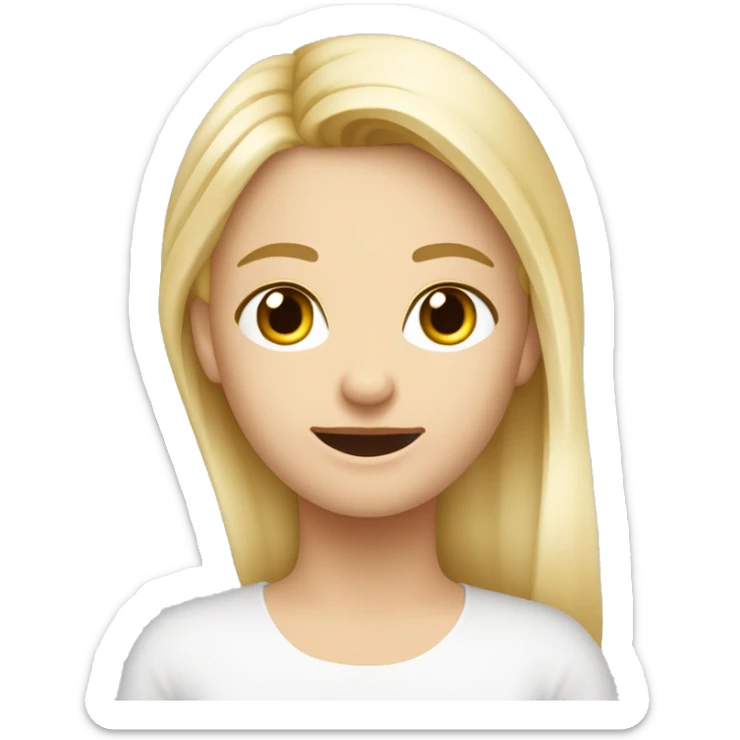 Blondýna, vlasy po prsa, široký úsměv a velká brada, modré oč, kulatý obličej, výrazné obočí sticker