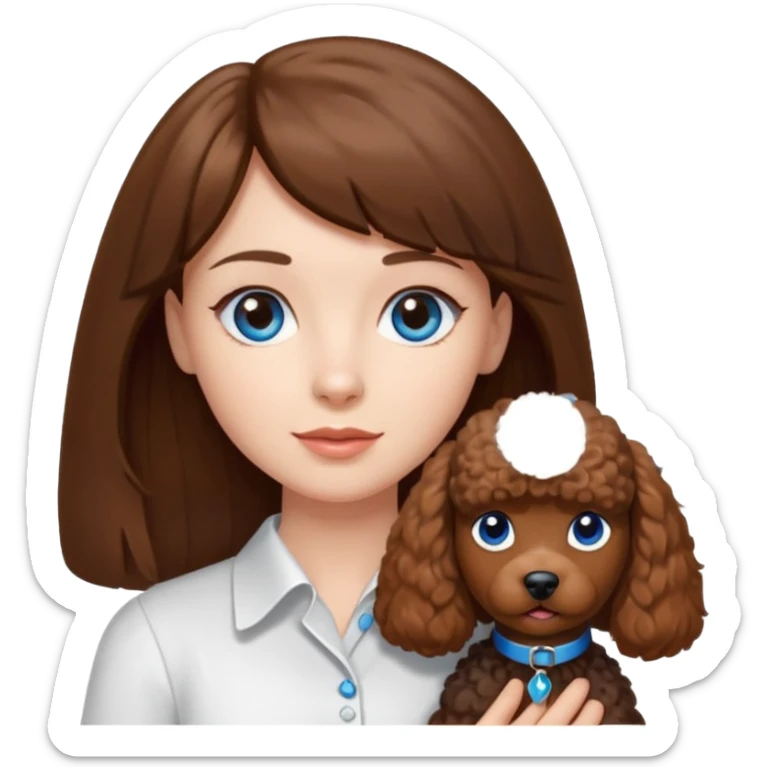 Kobieta z długimi brązowymi włosami, grzywką i niebieskimi oczami. Ubrana jest w białą koszulę. Trzyma na rękach małego brązowego pudelka. sticker