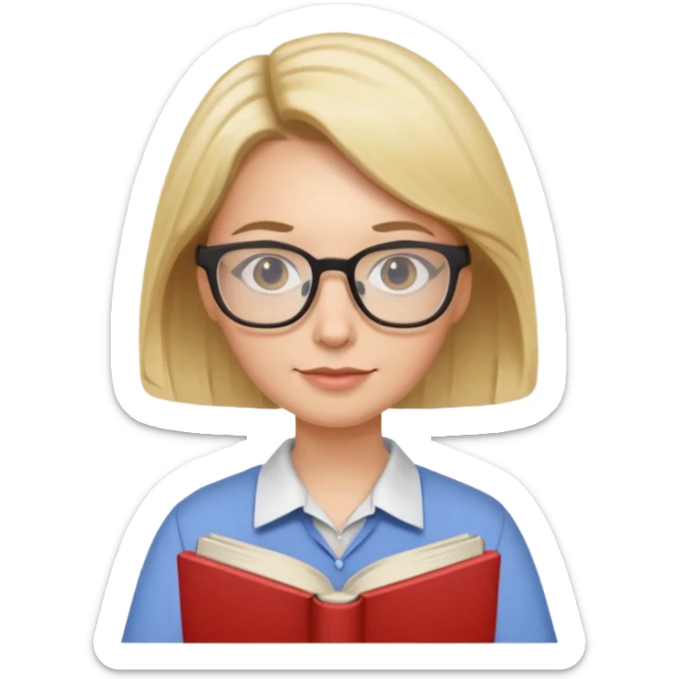 female English teacher with glasses and wearing a shirt, holding an English book sticker