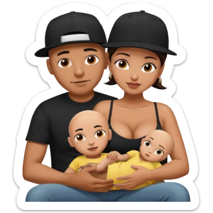 A picture of a tanned couple. the man is a Mexican man with tanned skin, with a bald hair cut wearing a SnapBack hat and a black shirt. the woman on his lap has thick dark brown hair and with big naked boobs that he is grabbing sticker