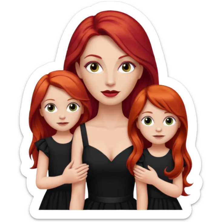 White woman in black dress with long red hair and makeup with two kids sticker