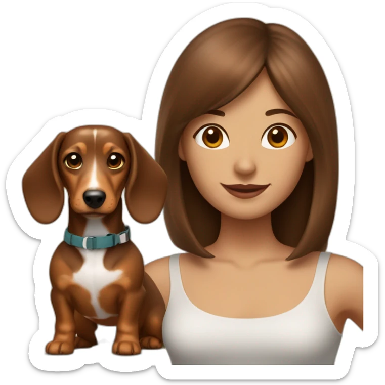 A woman with shoulder-length brown hair and bangs has a rough-coated dachshund on a leash. sticker