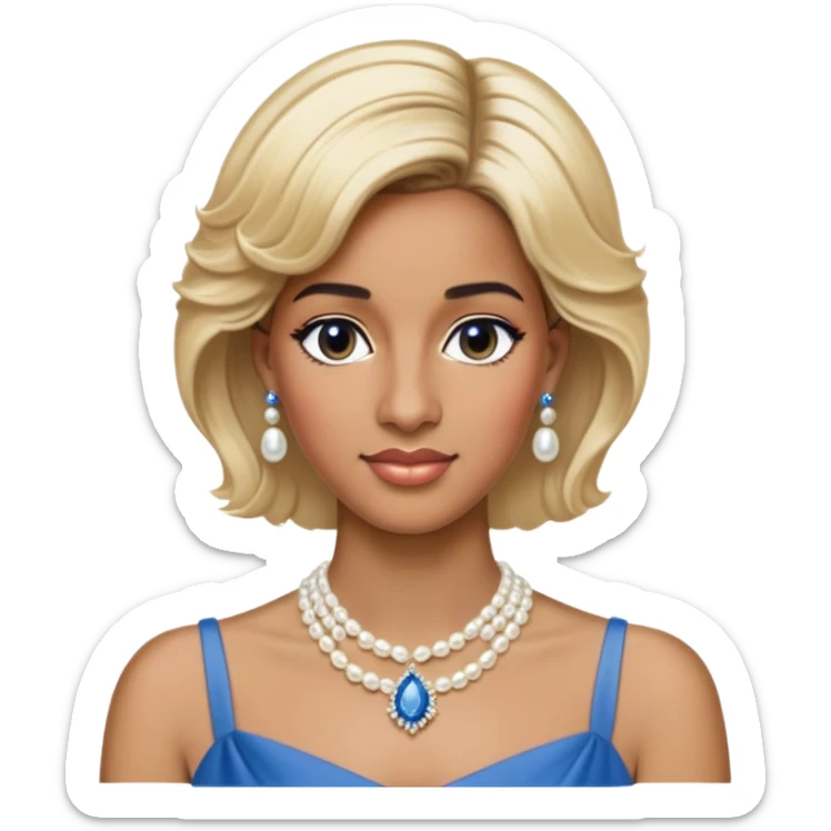 black woman with Princess Diana's iconic short blonde hairstyle, pearl necklace, and elegant blue dress sticker