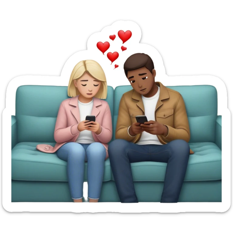 A couple sits on opposite sides of a couch, looking at their phones, disconnected. Between them, a faint, invisible thread connects their hearts—but it’s fraying. One of them hesitates, reaching out, unsure whether to fix it or let it snap. sticker