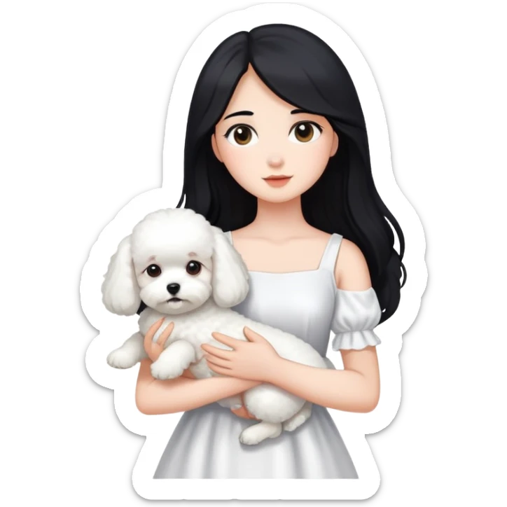 A beautiful girl with long black hair wearing a white dress holds a small white Bichon Frise in her arms sticker