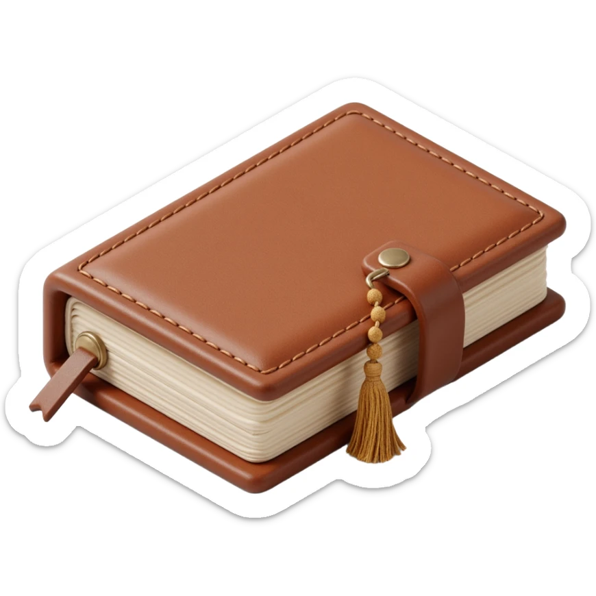 leather-bound notebook icon with stitching details and texture in skeuomorphism style sticker