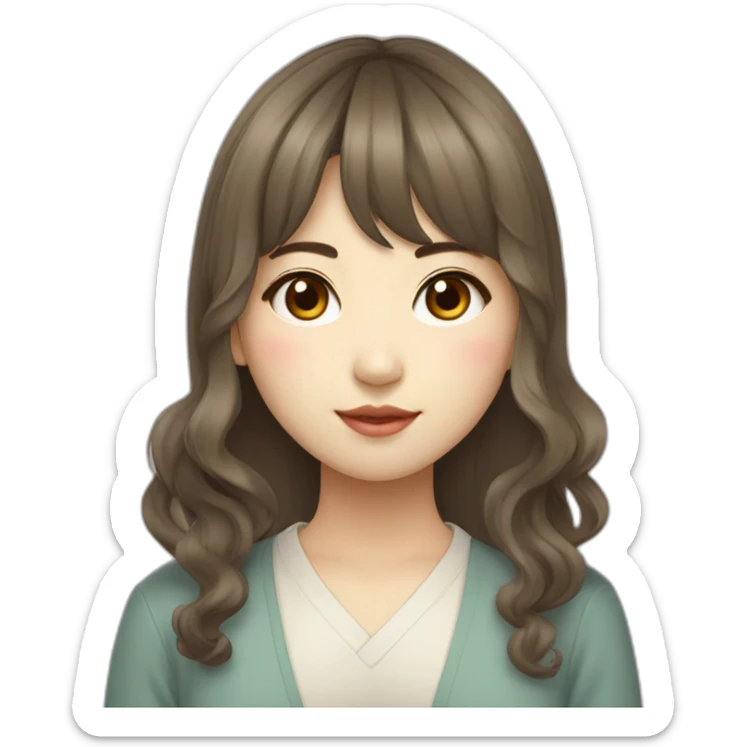 Korean student woman with bangs and wavy long korean hairstyle, light skin tone sticker