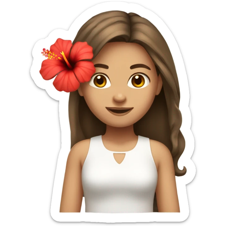 Brown haired girl with one red hibiscus flower in her hair wearing a white top sticker