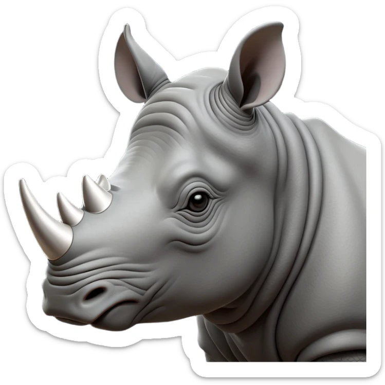 cinematic-noble--rhinoceros-portrait-emoji,slate-grey-hide--poised-and-regal,-with-a-massive,-powerful-build-and-a-thick, -deep-set-soulful-piercing-eyes,-simplified-yet-sharp-and-sophisticated-features,-highly-detailed,-large-black-eyes, zoomed out showing shoulders, large white horn  sticker