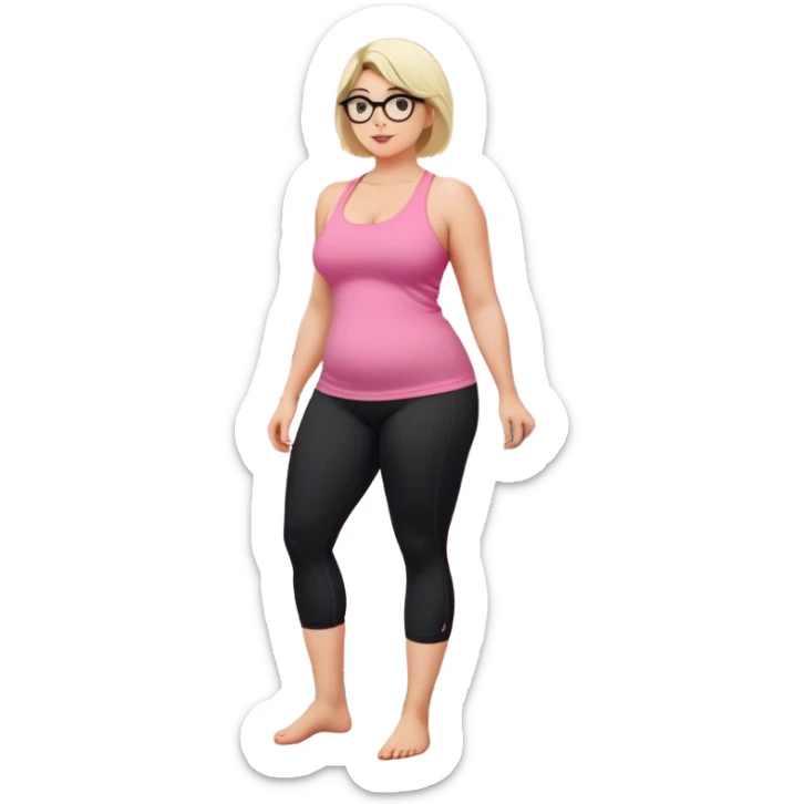 Full body view from the side, fair skinned woman, curvy, short blond hair, small reading glasses, cooking dinner in kitchen, pink loose tank top, showing natural B cup breast shape SFW, black yoga pants, large curvy booty sticker