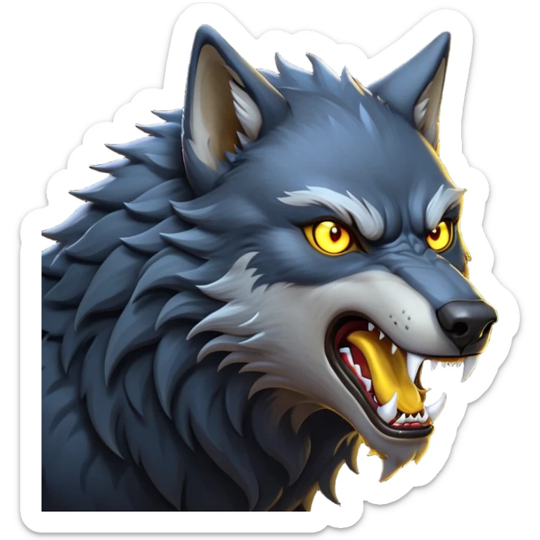 cinematic-noble-fierce-werewolf-howling-portrait-emoji, poised-and-imposing, with a fierce wolfish face tilted upwards in a haunting howl, glowing eyes full of primal ferocity, sharp, elongated fangs bared, and a rugged snout, fur rippling in shades of midnight black and silver, muscles tensed as the powerful howl echoes beneath the moonlit sky; rendered with realism, capturing the raw, untamed power of the beast in its wild, primal state sticker