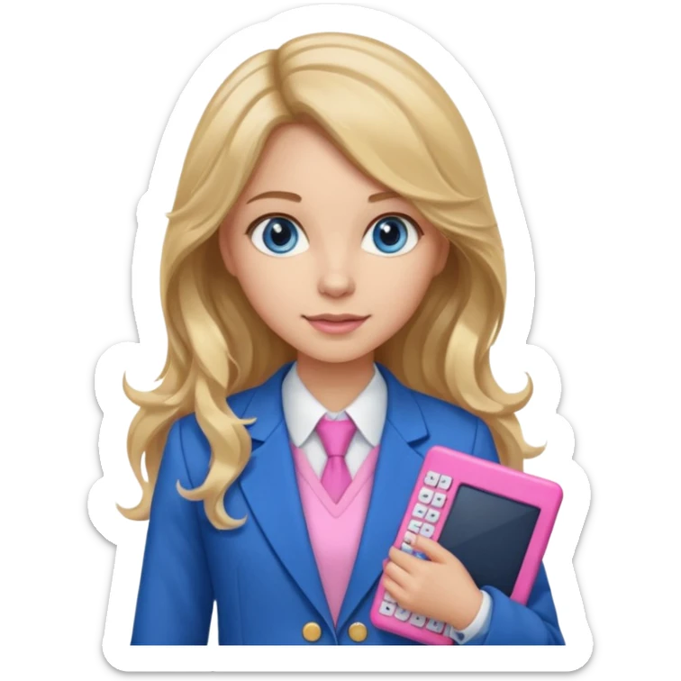 pretty female with long wavy brown hair with blonde highlights and blue eyes holding a pink calculator wearing school uniform which is a blue blazer and white blouse sticker