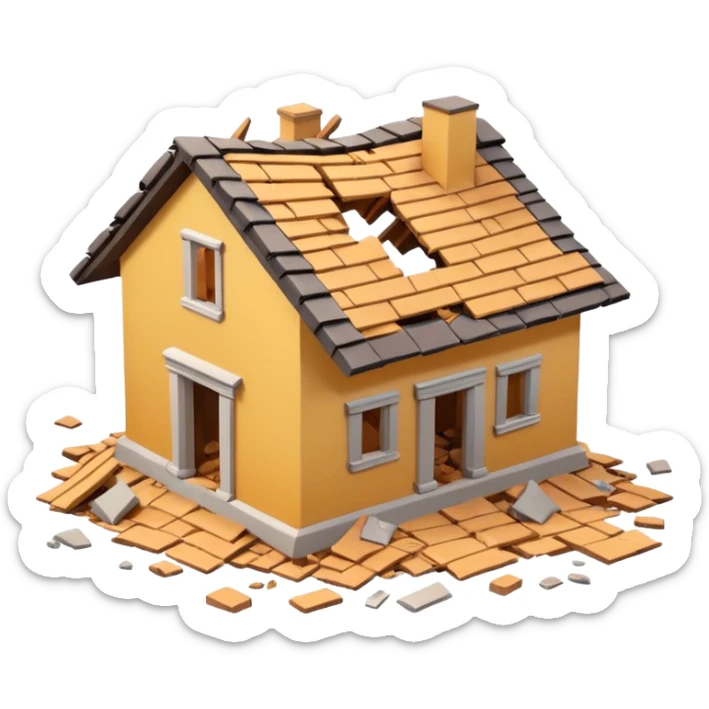 3D iPhone style emoji of a collapsed house, broken walls and roof pieces scattered, debris and ruins visible, isolated on white background, soft shadows, high detail, playful and cute. sticker
