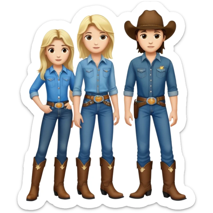  Brunette girl wearing cowboy boots with a belt buckle and jeans brown eyes and  tall  with a Blonde boy with a mullet and wearing boots 

 sticker