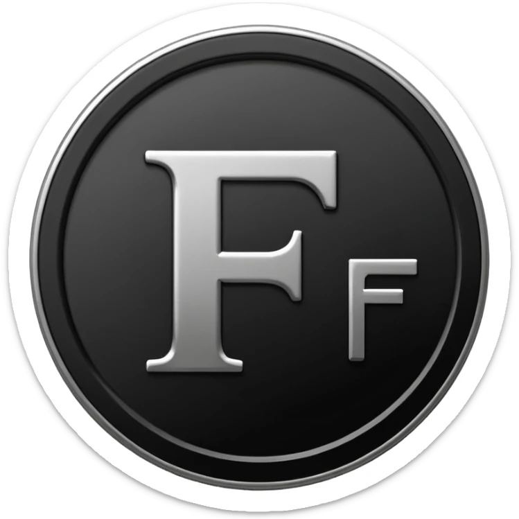 Emoji icon of a black coin with engraved letter F, minimalist style, isolated, no color sticker