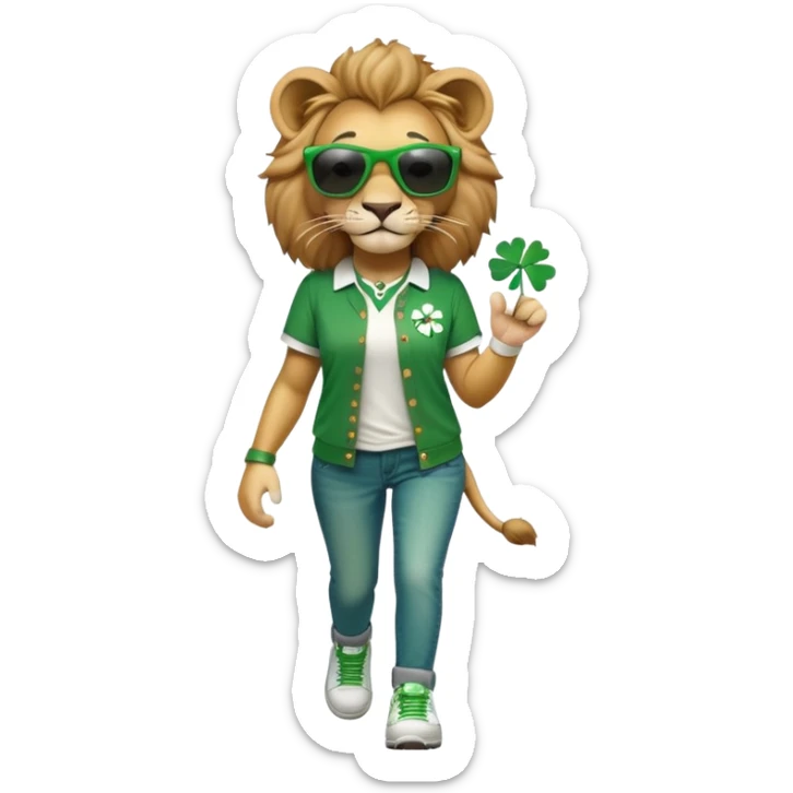 friendly anthropomorphised female lion wearing green and white baseball shirt, jeans, festive St. Patrick's Day accessories, dark sunglasses, walking upright with confident stride sticker
