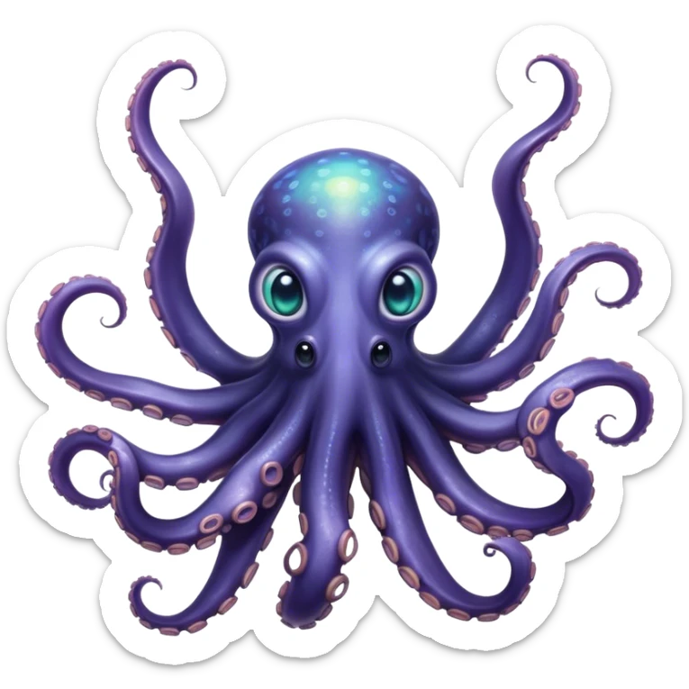 Cinematic Noble Octopus Portrait Emoji, Poised and enigmatic, with a fluid, amorphous body of iridescent, softly tinted skin and eight gracefully undulating arms adorned with delicate suckers, deep, observant eyes reflecting the mysteries of the deep, Simplified yet sharp and sophisticated features, highly detailed, glowing with a soft, oceanic luminescence, high shine, intelligent and mysterious, stylized with an air of deep-sea elegance, focused and fluid, soft glowing outline, capturing the essence of a watchful marine guardian that appears ready to drift out of the screen with effortless authority! sticker