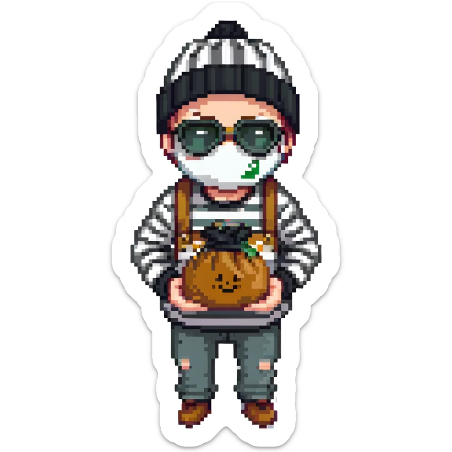 burglar with black and white striped shirt, black beanie, black mask over eyes, holding a moneybag sticker